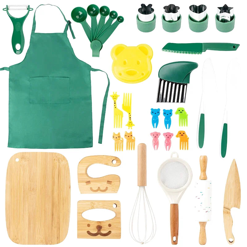 Apprendre à Cuisiner en Sécurité - Kit de Cuisine en Bois et Inox -  19 Pièces