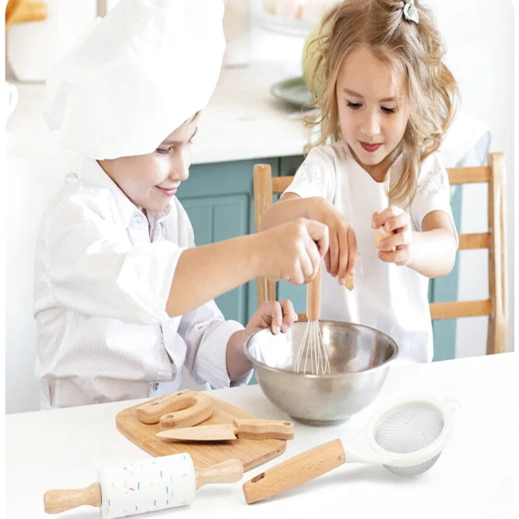 Apprendre à Cuisiner en Sécurité - Kit de Cuisine en Bois et Inox -  19 Pièces