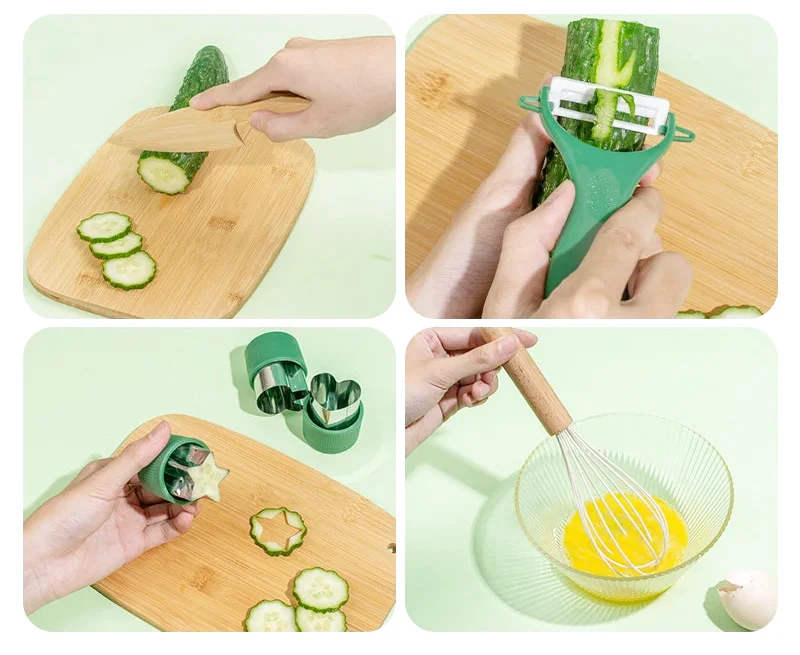 Apprendre à Cuisiner en Sécurité - Kit de Cuisine en Bois et Inox -  19 Pièces