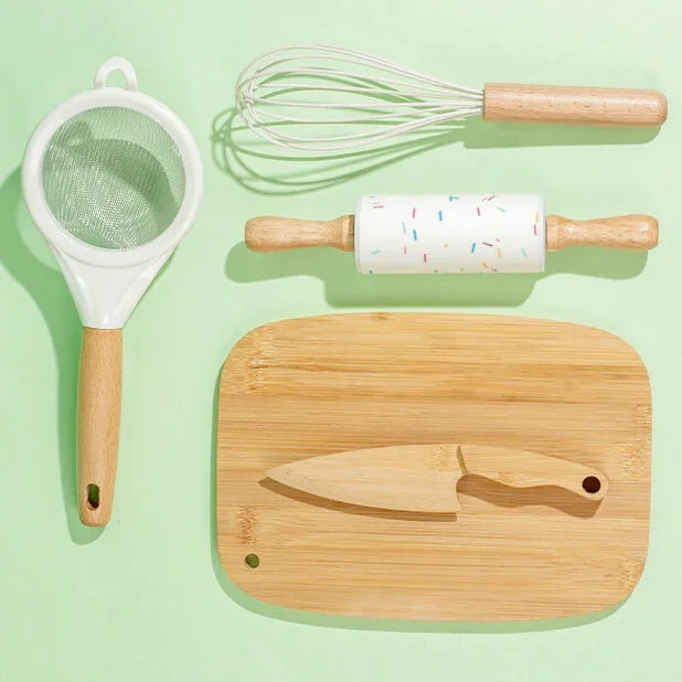 Apprendre à Cuisiner en Sécurité - Kit de Cuisine en Bois et Inox -  19 Pièces