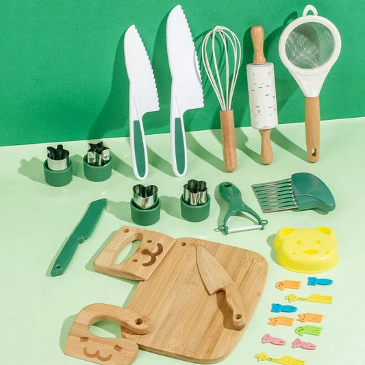 Apprendre à Cuisiner en Sécurité - Kit de Cuisine en Bois et Inox -  19 Pièces
